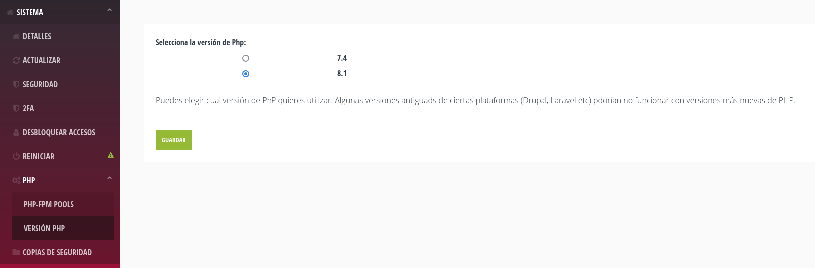 Configurar versión de PHP